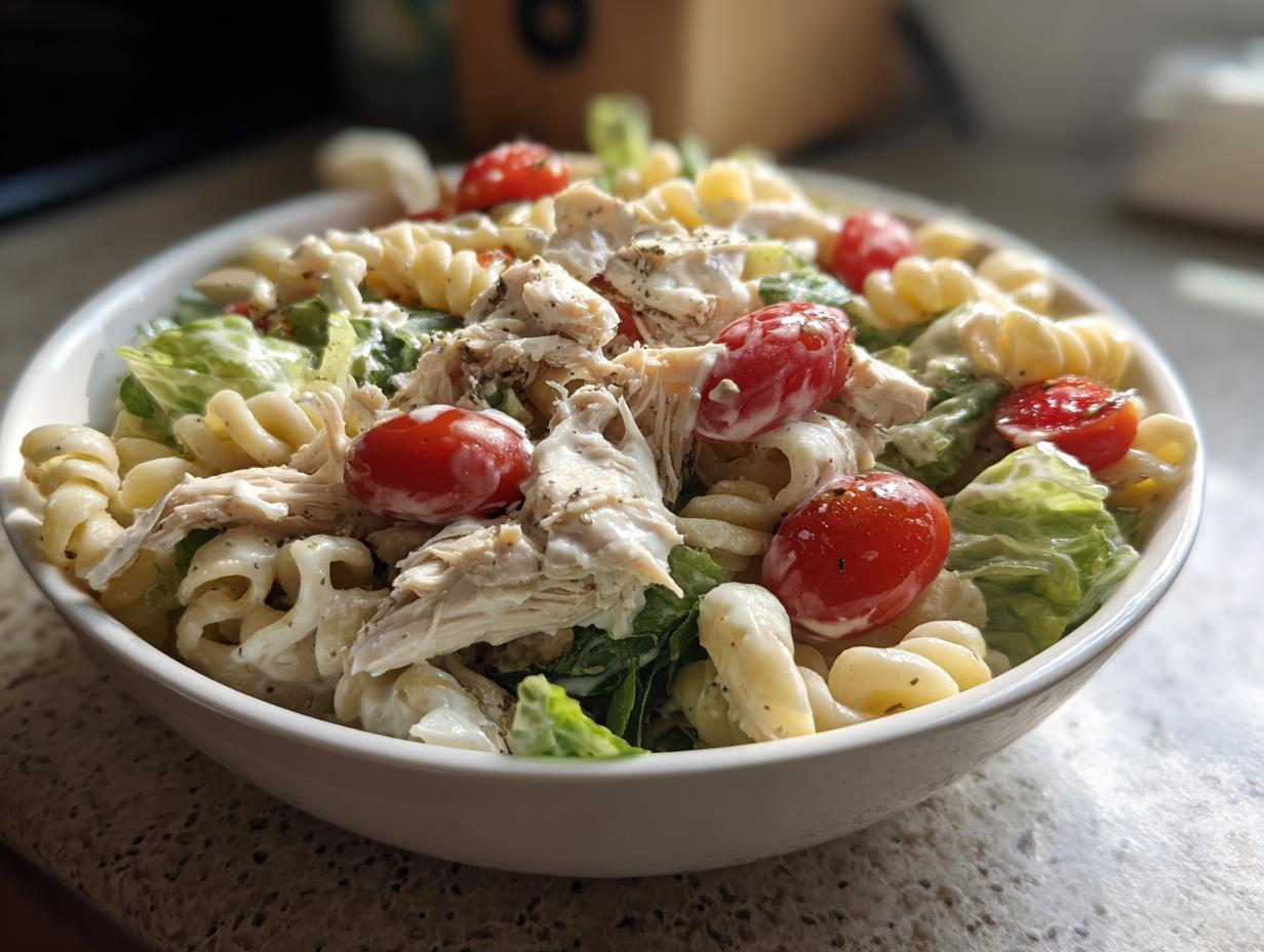 Close-up of a bowl filled with healthy chicken caesar pasta salad, featuring rotini pasta, shredded chicken, and cherry tomatoes.