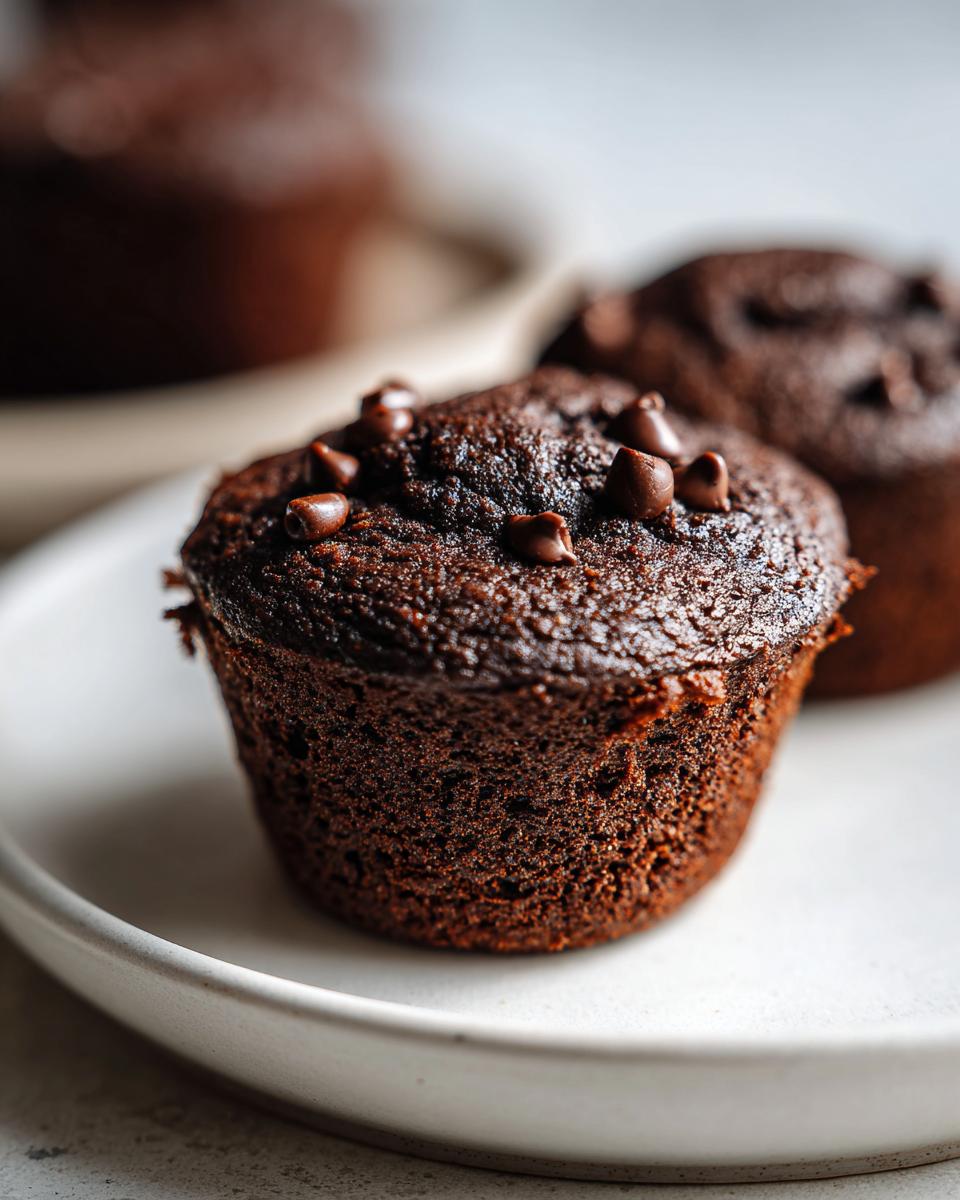 A close-up, low-angle shot of one rich, dark healthy chocolate muffin topped with mini chips on a white plate.