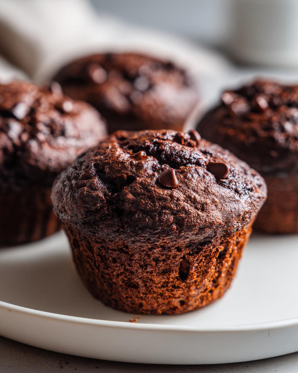 A close-up of a rich, dark chocolate muffin topped with chocolate chips, part of a batch of healthy chocolate muffins.