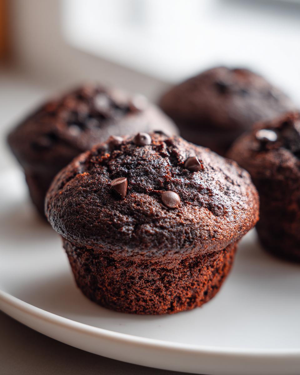 Close-up of a rich, dark chocolate muffin topped with chocolate chips, part of a batch of healthy chocolate muffins.