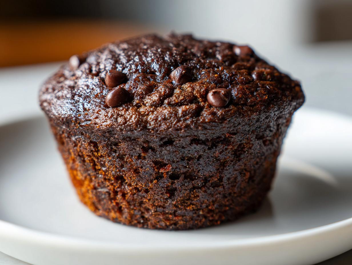 Close-up of a single, dark, moist healthy chocolate muffins topped with chocolate chips on a white plate.