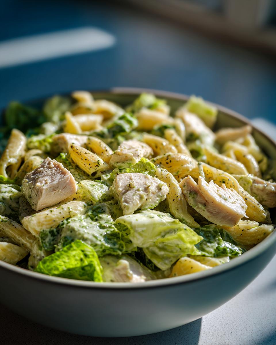 Close-up of a bowl filled with high protein chicken caesar pasta salad featuring pasta, chicken chunks, and romaine lettuce.