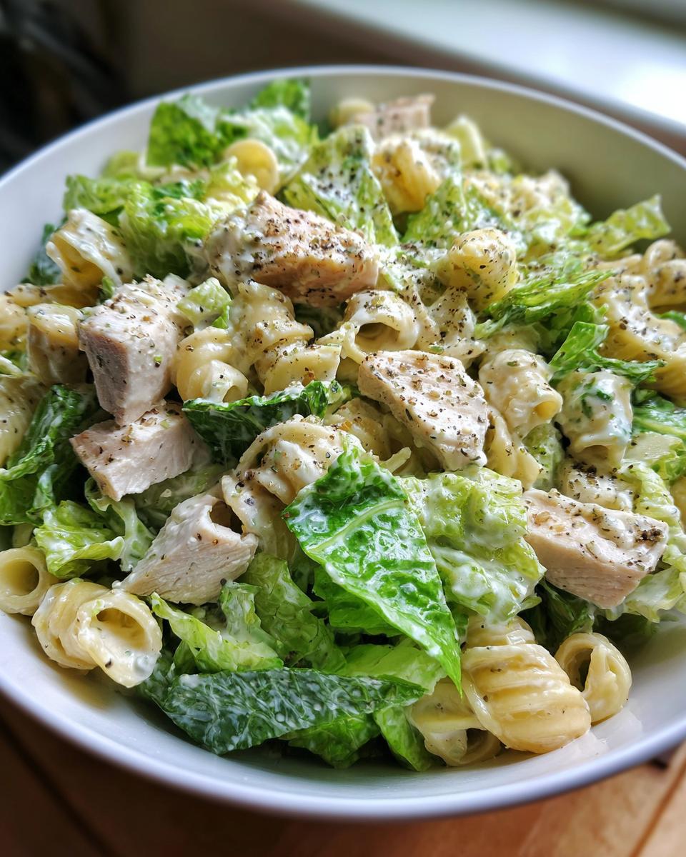 Close-up of a bowl filled with high protein chicken caesar pasta salad, featuring pasta, romaine lettuce, and seasoned chicken chunks.