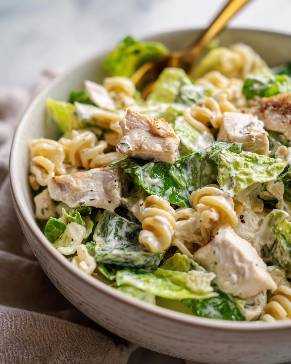 Close-up of a bowl filled with high protein chicken caesar pasta salad featuring rotini pasta, romaine lettuce, and creamy dressing.