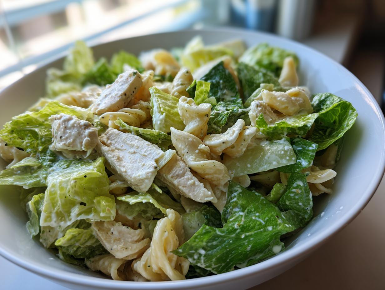 Close-up of a bowl filled with high protein chicken caesar pasta salad, featuring romaine lettuce, pasta, and creamy dressing.