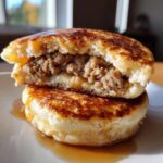 Close-up of two stacked high protein mcgriddle bites, one cut open revealing sausage filling and drizzled with syrup.