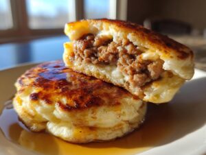 Close-up of two golden-brown high protein mcgriddle bites stacked, one cut in half showing sausage filling, drizzled with syrup.