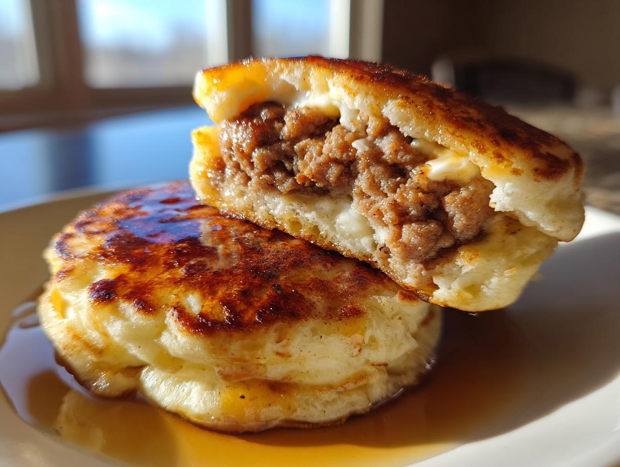 Close-up of two golden-brown high protein mcgriddle bites stacked, one cut in half showing sausage filling, drizzled with syrup.