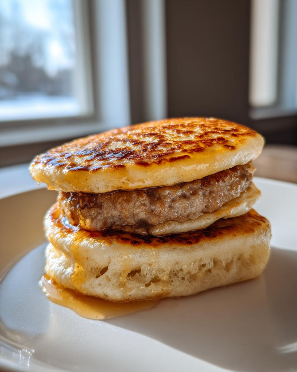 A stack of two fluffy pancakes sandwiching a sausage patty, drizzled with syrup, representing high protein mcgriddle bites.