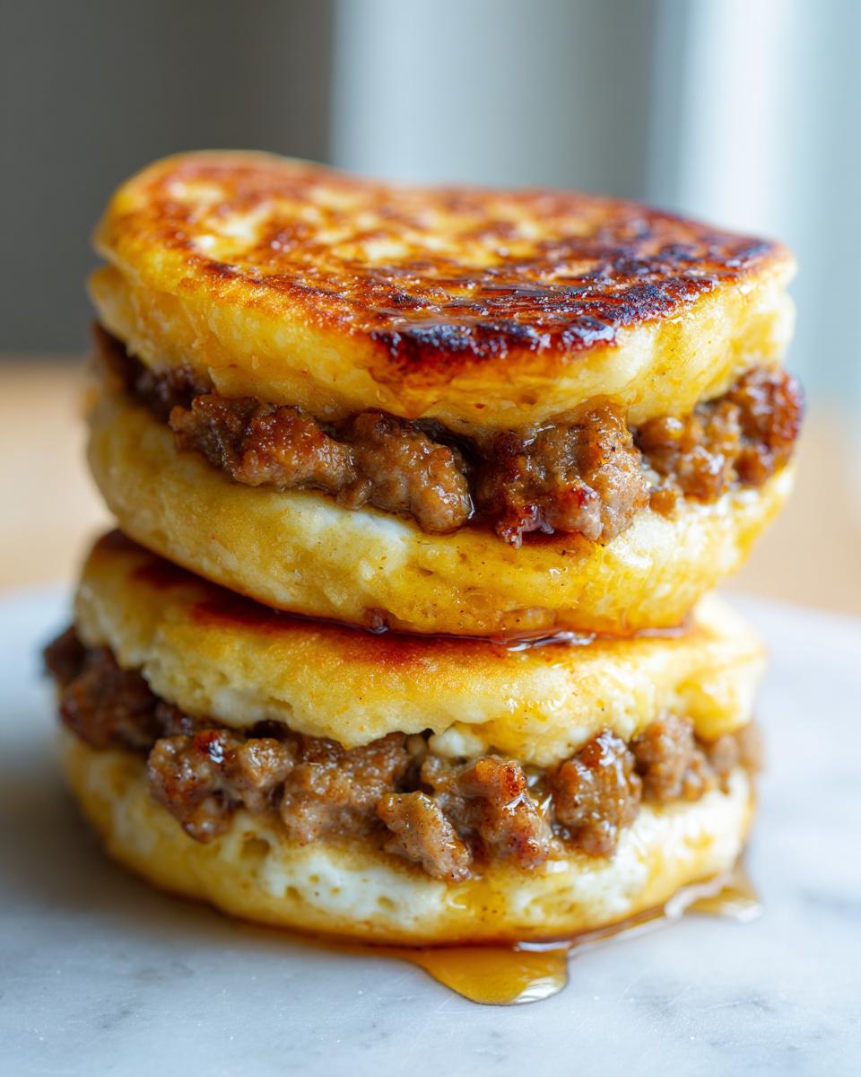 Close-up of two stacked, golden-brown high protein mcgriddle bites filled with savory sausage and drizzled with syrup.