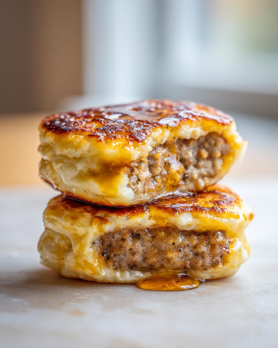 Two stacked high protein mcgriddle bites, cut open to show sausage filling and drizzled with syrup.