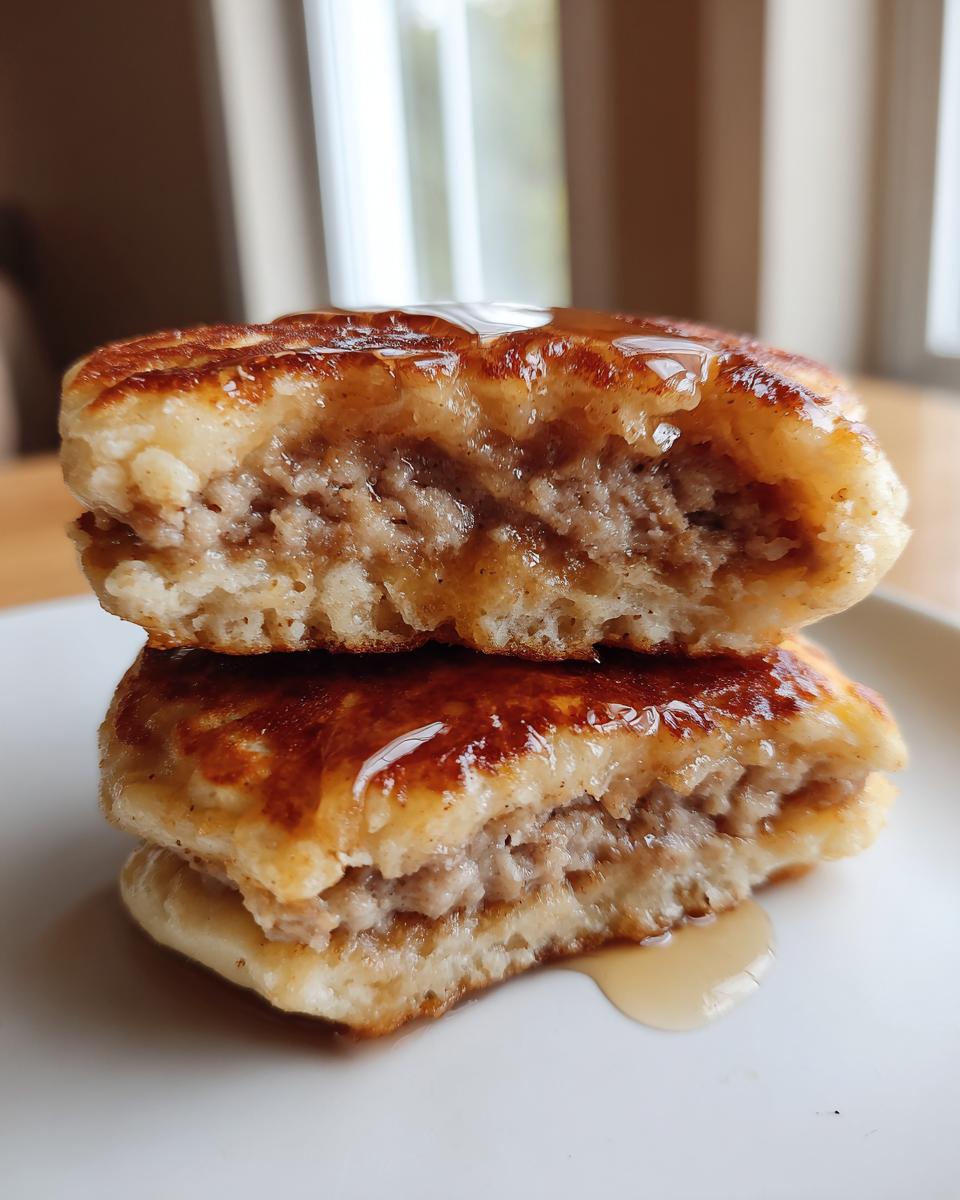 Close-up of two high protein mcgriddle bites stacked and cut in half, showing the savory filling and drizzled with syrup.
