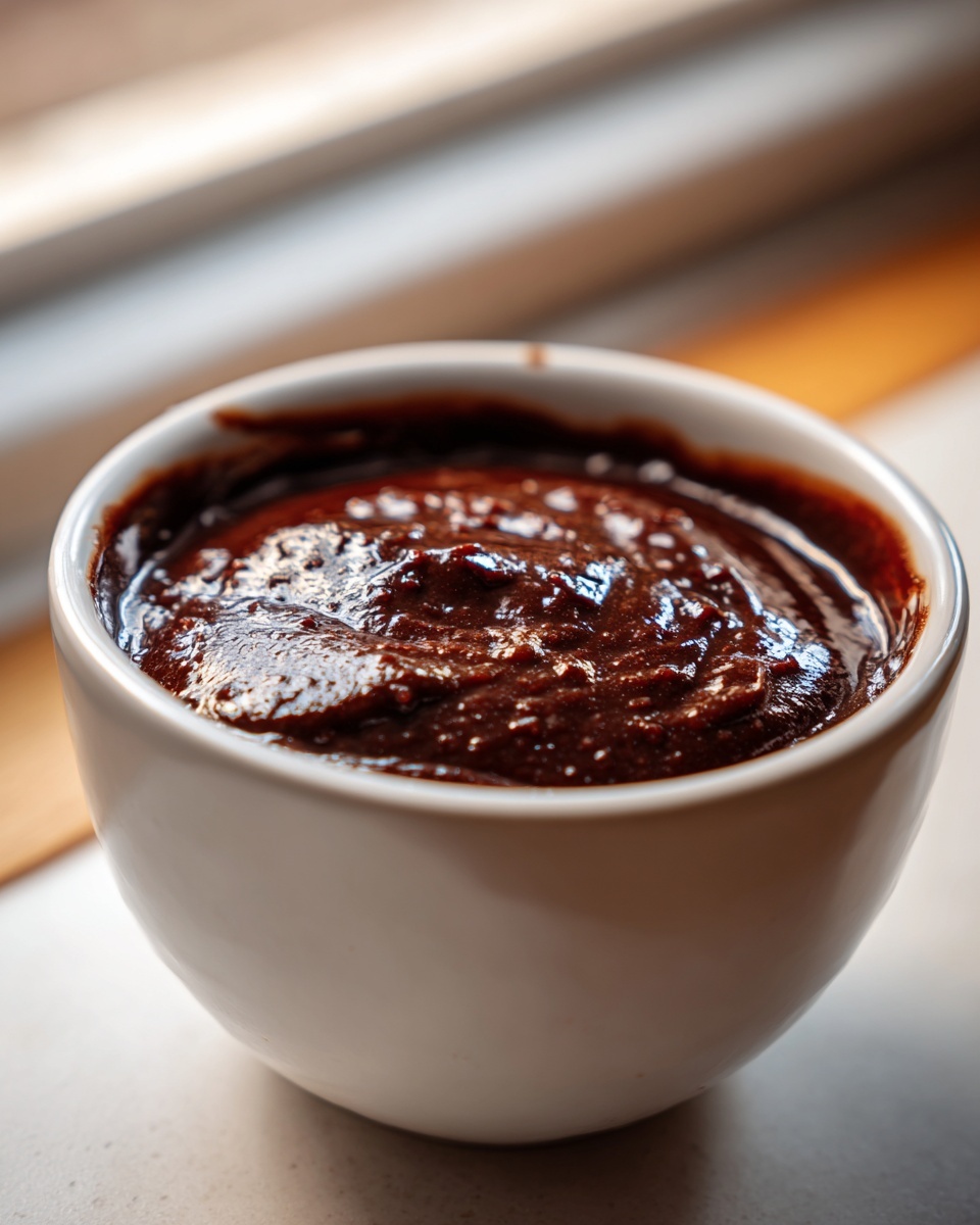 Close-up of thick, glossy homemade chocolate sauce served in a small white bowl.