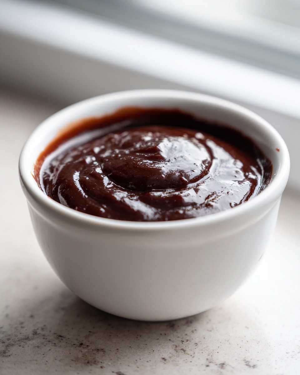 A close-up of thick, glossy homemade chocolate sauce served in a small white bowl.