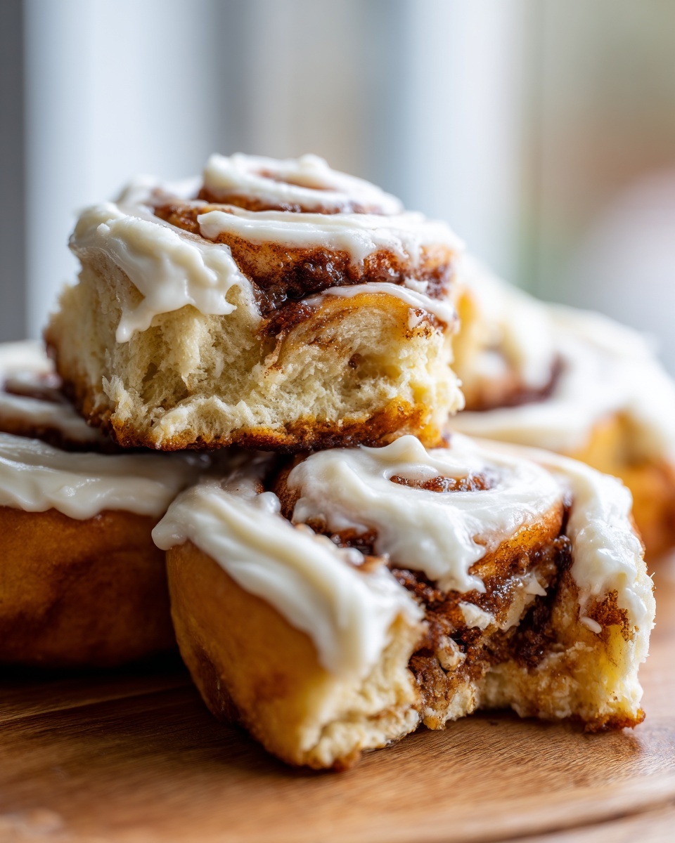 Close-up of fluffy homemade cinnamon rolls stacked, generously topped with white cream cheese frosting.