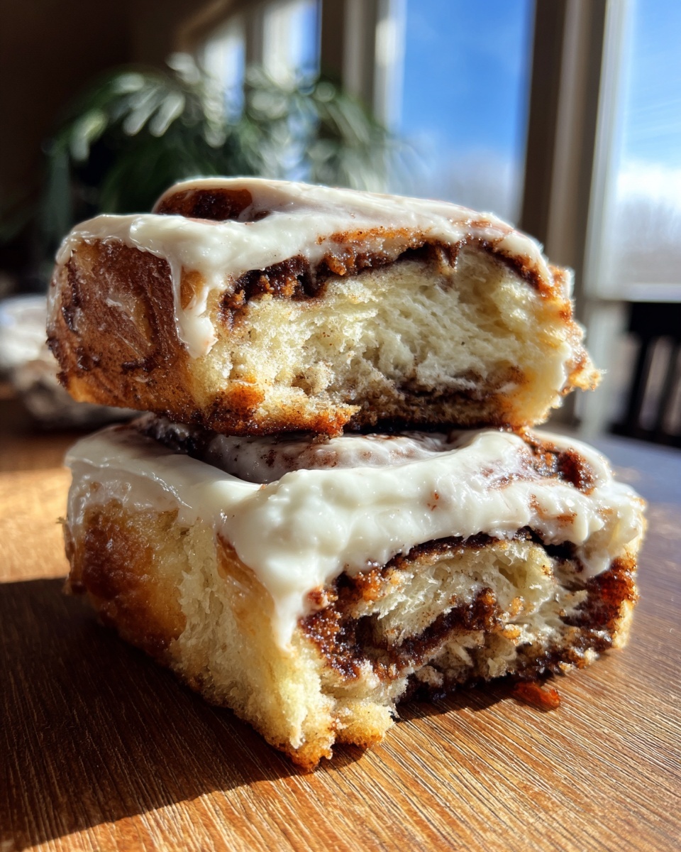 Two stacked, gooey homemade cinnamon rolls cut in half, showing the fluffy interior and thick cream cheese icing.
