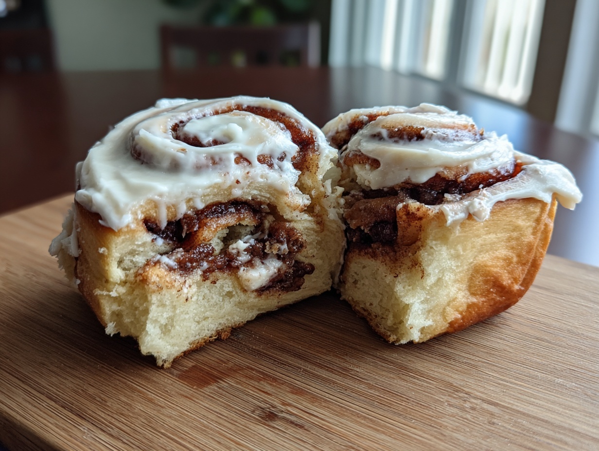 A close-up of homemade cinnamon rolls cut in half, showing soft dough and rich cinnamon filling, topped with white frosting.