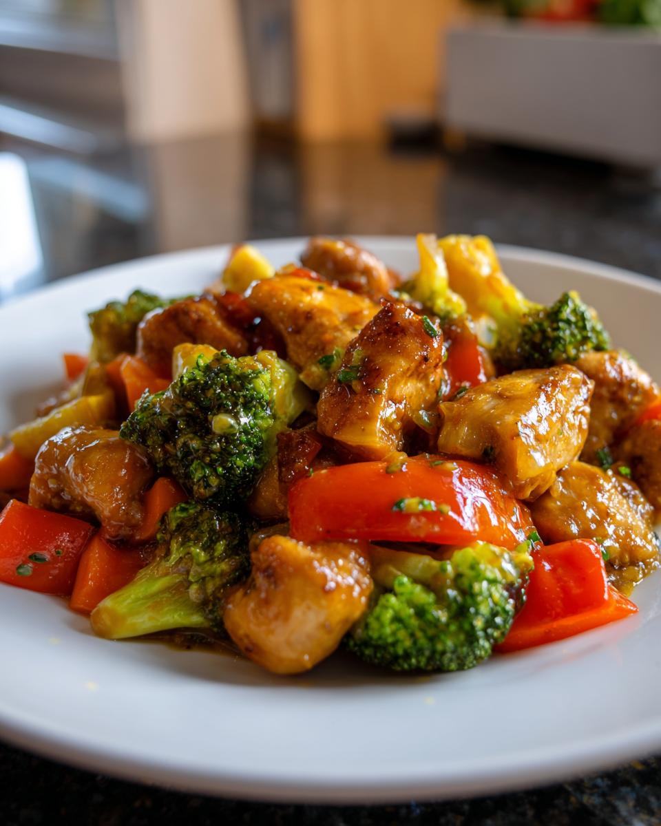 Close-up of honey dijon chicken pieces mixed with bright broccoli and red peppers on a white plate.