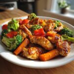 Pieces of honey dijon chicken coated in a shiny glaze, served with bright broccoli, carrots, and red peppers.