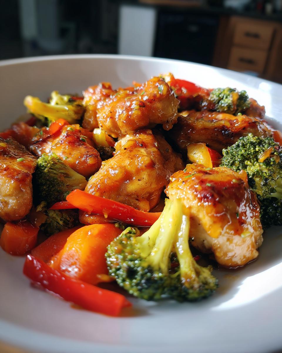 Close-up of glistening honey dijon chicken pieces mixed with bright broccoli and red peppers in a white bowl.