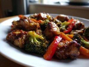 Close-up of glazed honey dijon chicken pieces mixed with broccoli and red peppers on a white plate.