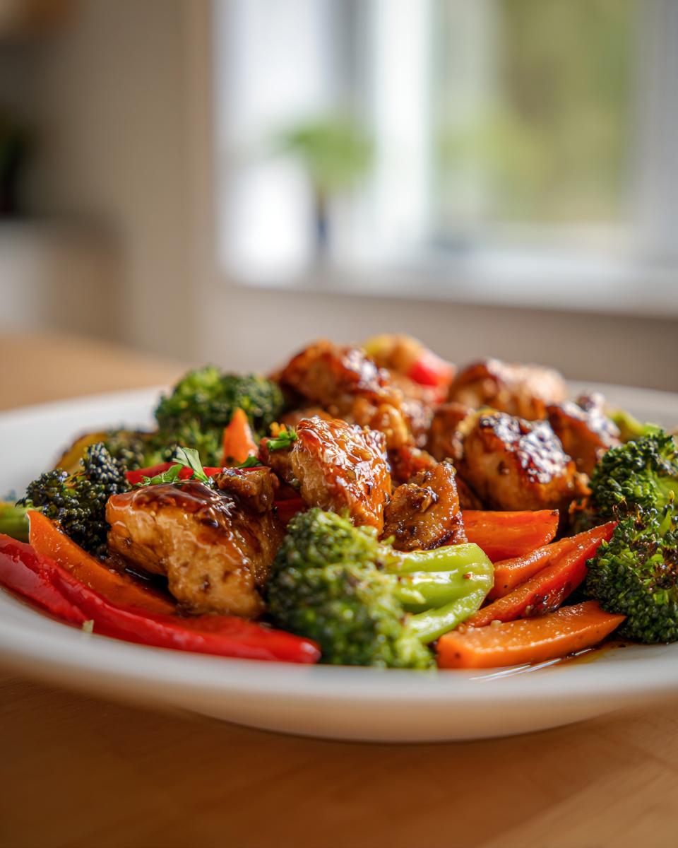Close-up of glazed honey dijon chicken pieces mixed with bright green broccoli and sliced red/orange peppers.