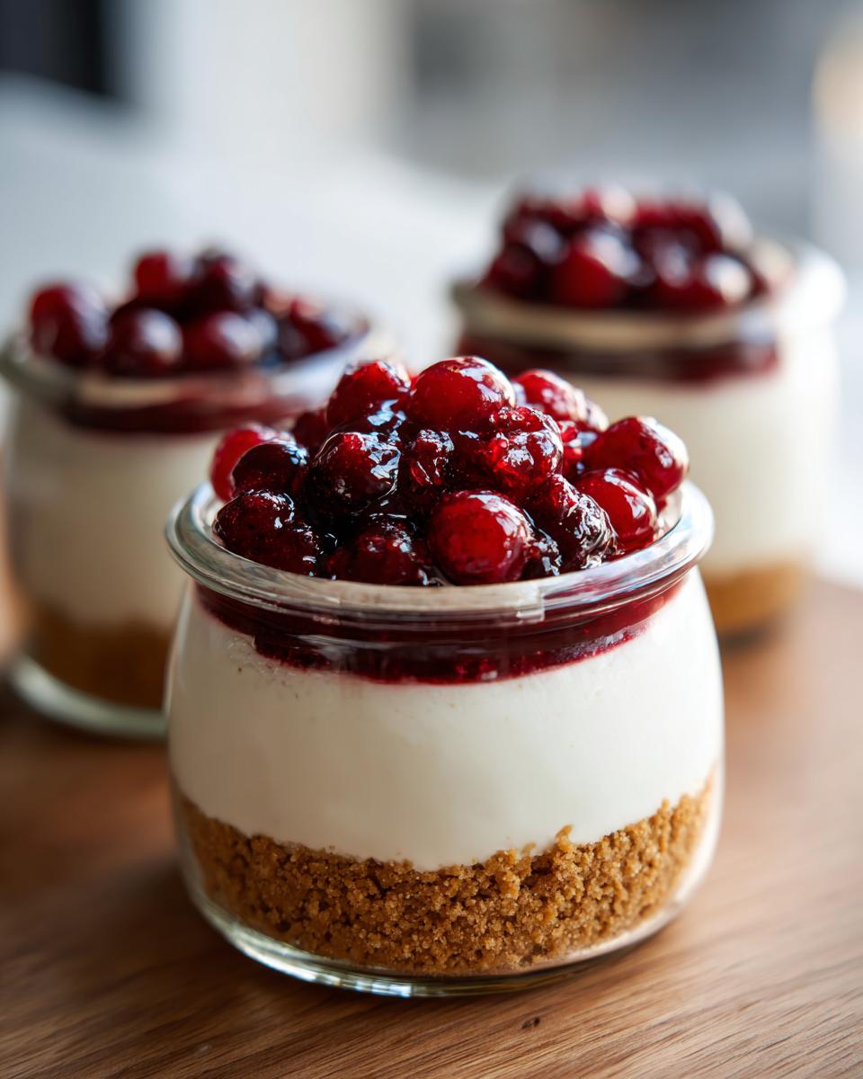 Close-up of an individual Protein Cheesecake in a glass jar with a graham cracker crust and rich berry topping.