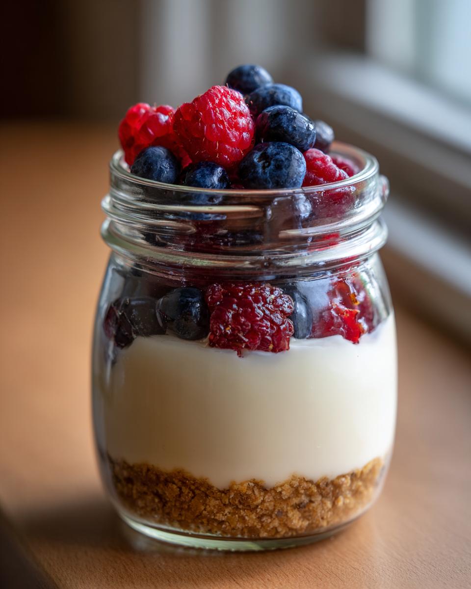 Close-up of an individual Protein Cheesecake layered in a glass jar with a crust base and topped with fresh blueberries and raspberries.