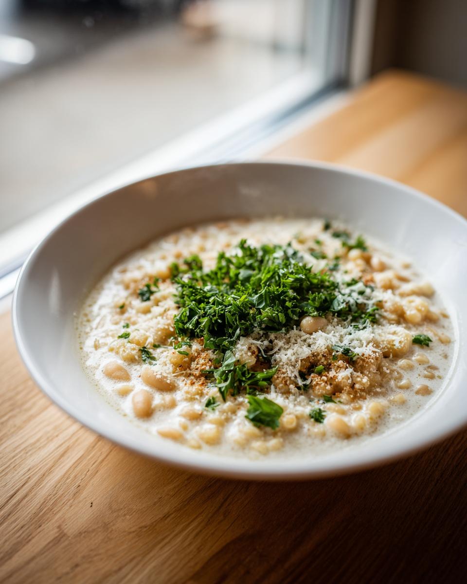 A creamy bowl of italian cannellini bean and pastina soup topped with fresh parsley and grated cheese.