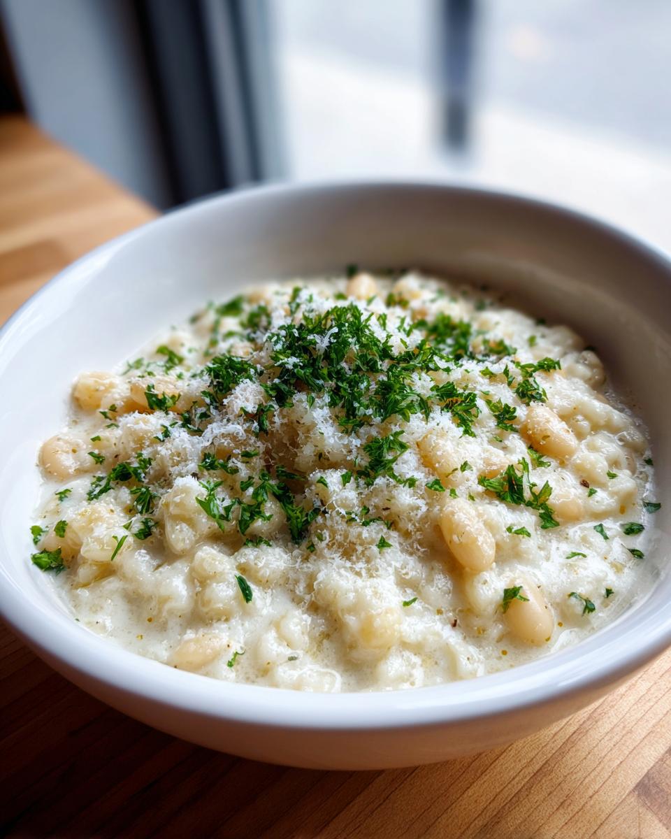 A close-up of a creamy bowl of italian cannellini bean and pastina soup topped with grated cheese and fresh parsley.