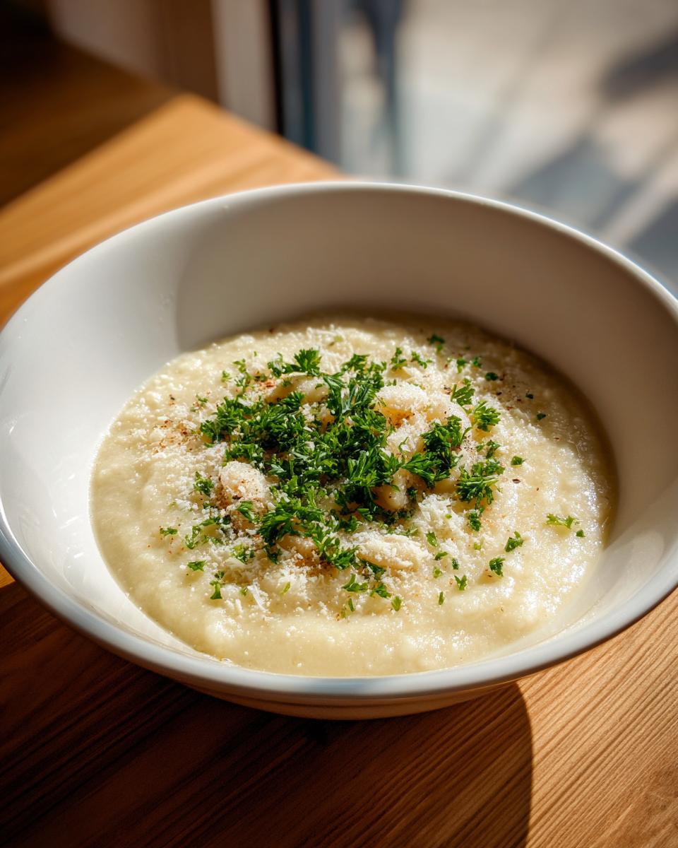 Close-up of a creamy italian cannellini bean and pastina soup topped with parsley and grated cheese.