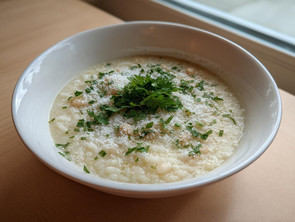 A creamy bowl of italian cannellini bean and pastina soup topped with grated cheese and fresh parsley.