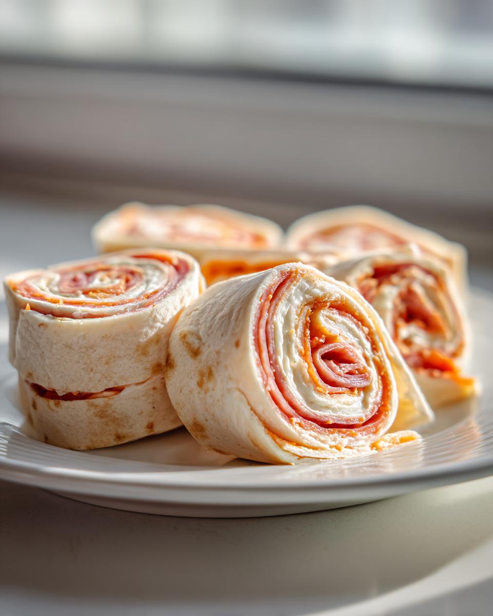 Close-up of several delicious Italian pinwheel sandwiches showing layers of meat, cream cheese, and sauce rolled in a tortilla.