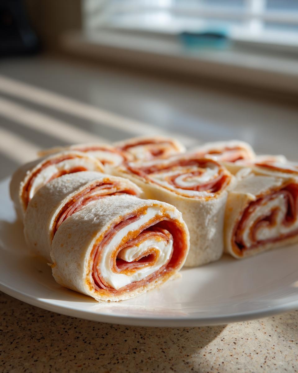 Several slices of Italian pinwheel sandwiches showing layers of meat, cream cheese, and sauce rolled in a tortilla.