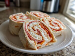 Four cross-sections of Italian pinwheel sandwiches showing layers of tortilla, cream cheese, and cured meat.