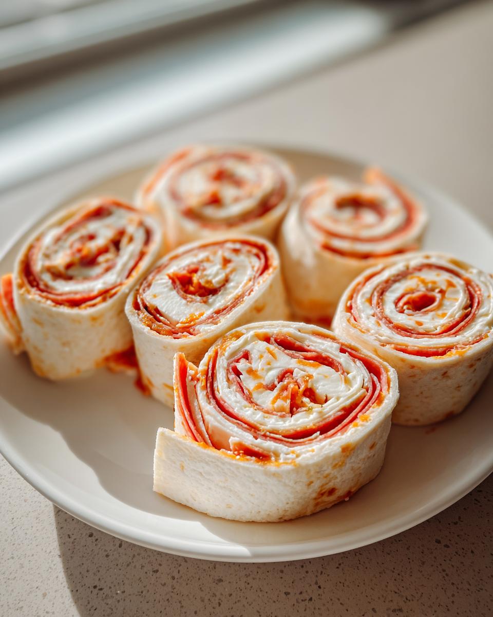 Six slices of Italian pinwheel sandwiches showing layers of cream cheese, pepperoni, and tortilla on a white plate.