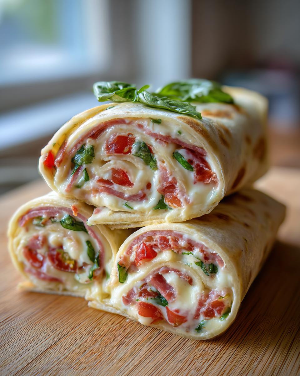 Close-up of stacked Italian pinwheels 12 tomatoes recipe slices showing salami, cheese, and diced tomatoes.