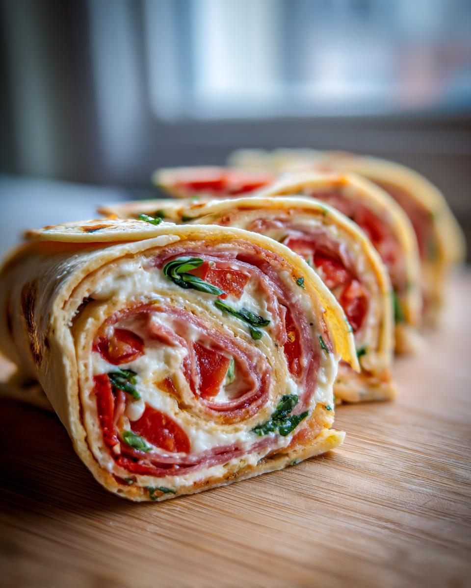 Close-up of sliced italian pinwheels 12 tomatoes recipe, showing layers of cream cheese, salami, tomatoes, and spinach.