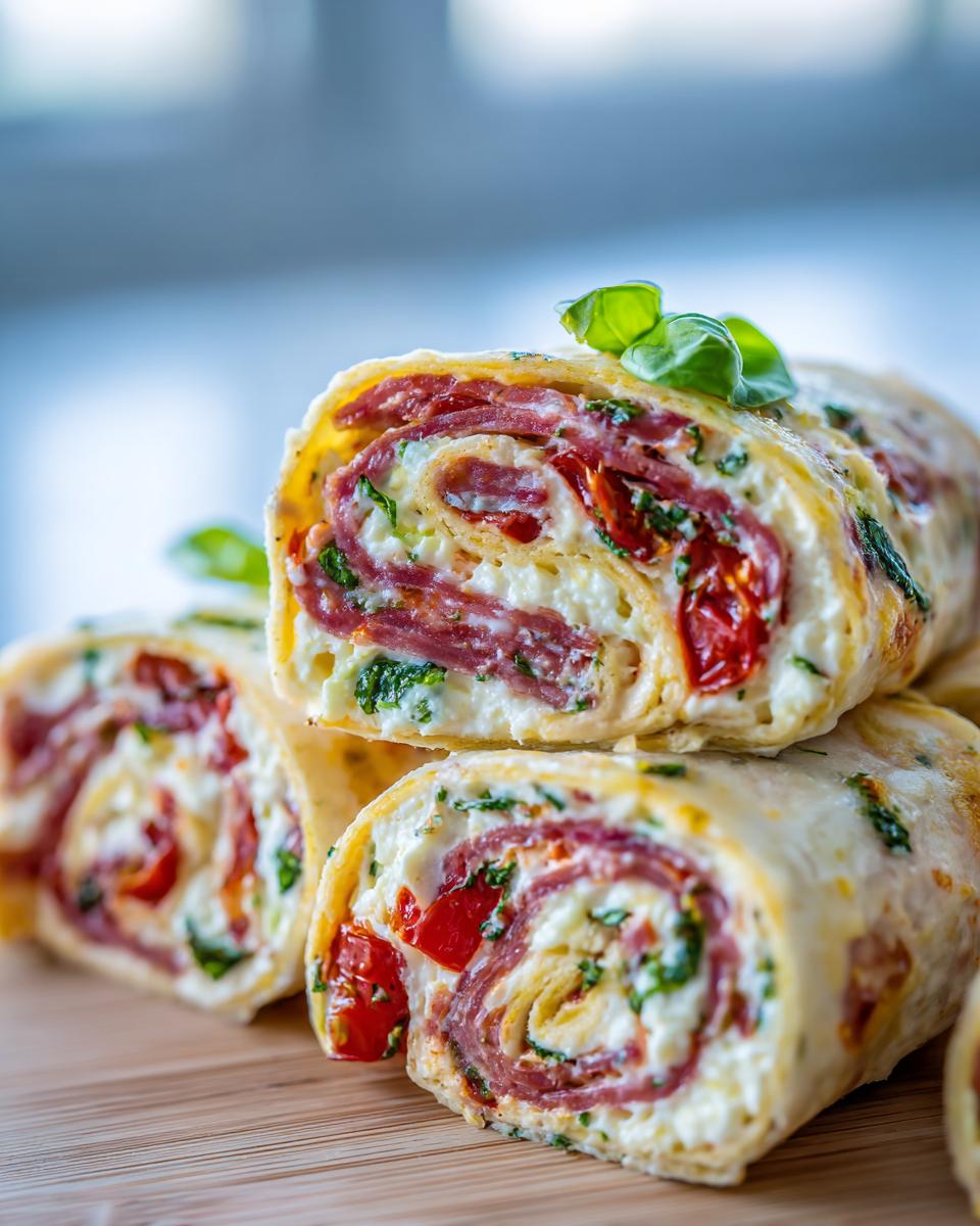 Close-up of sliced Italian pinwheels 12 tomatoes recipe, showing layers of salami, cheese, and roasted tomatoes.