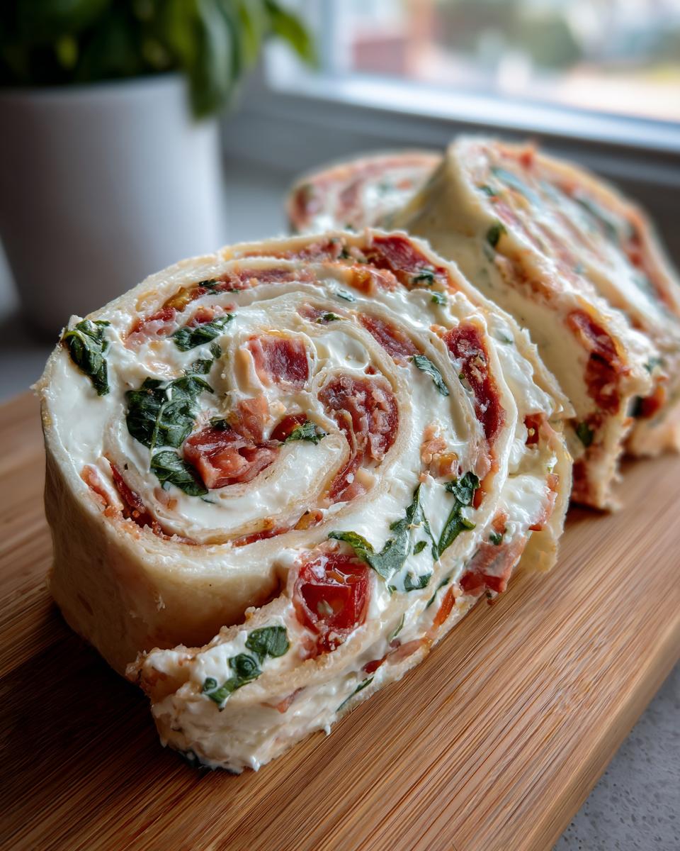 Close-up of sliced Italian pinwheels 12 tomatoes recipe, showing creamy filling, spinach, and sun-dried tomatoes on a wooden board.