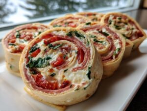 Close-up of several delicious italian pinwheels 12 tomatoes recipe slices arranged on a white plate.