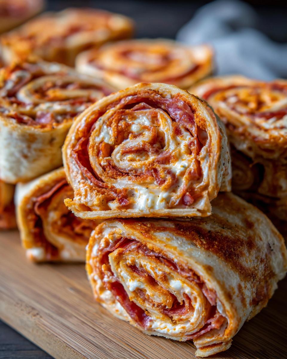 Close-up of cut Italian pinwheels with cream cheese, pepperoni, and sauce layered inside a tortilla.