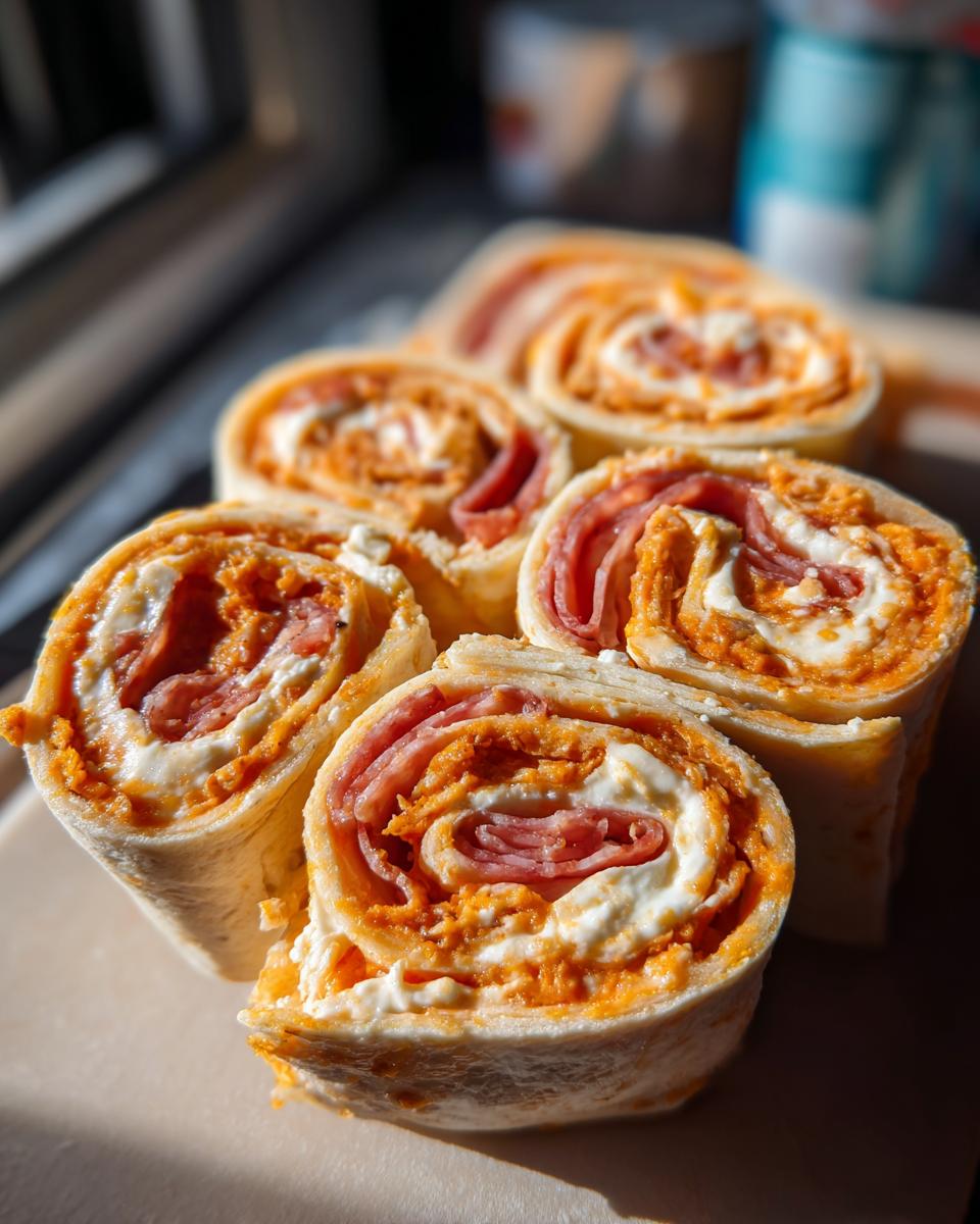 Close-up of several sliced italian pinwheels with cream cheese, salami, and orange spread, ready to serve.