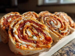 Close-up of several slices of Italian pinwheels with cream cheese, pepperoni, and red sauce filling.