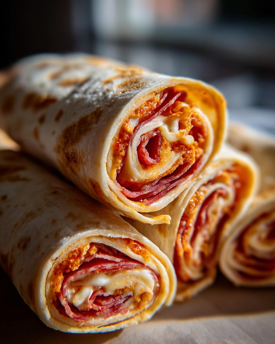 Close-up of stacked italian pinwheels with cream cheese, salami, and red pepper spread inside a tortilla.