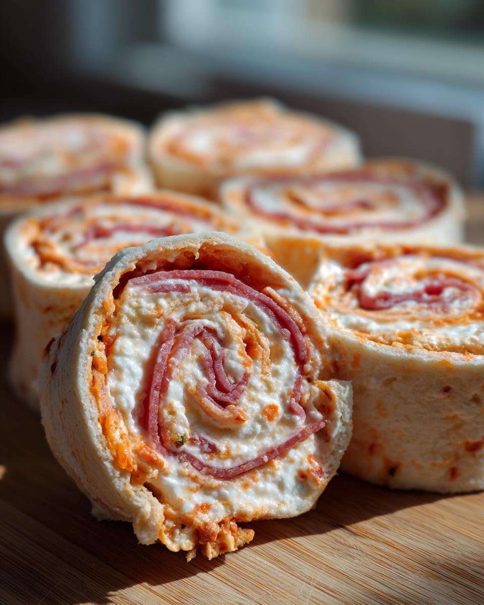 Close-up of a sliced Italian pinwheels with cream cheese, showing layers of salami and creamy filling.