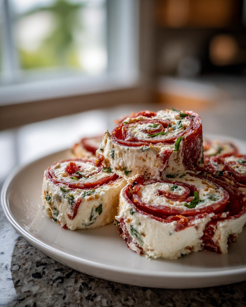 A stack of creamy, rolled Italian pinwheels featuring salami and cream cheese filling on a white plate.