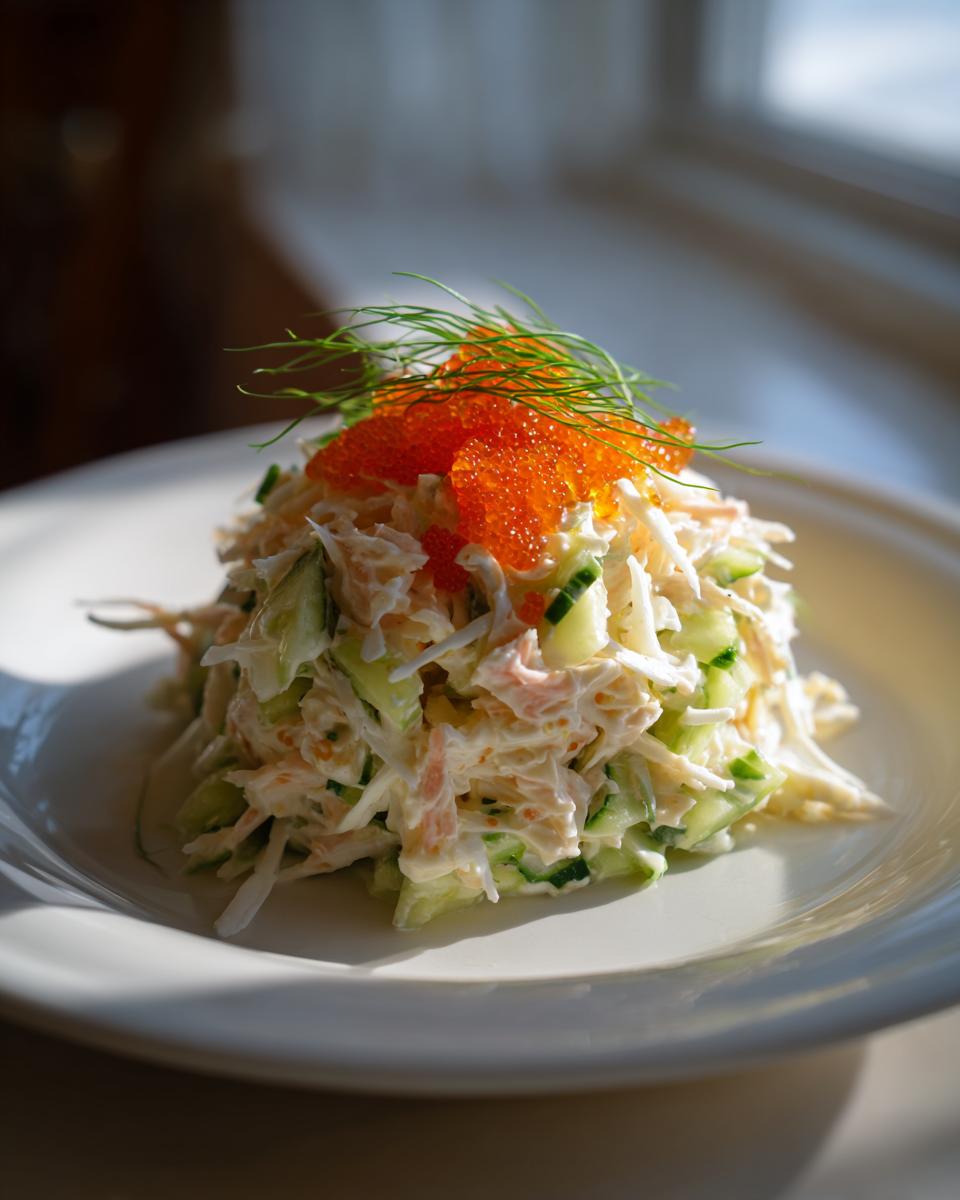 A serving of creamy japanese crab salad mixed with cucumber, topped with bright orange tobiko roe and fresh dill.