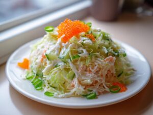 A mound of creamy Japanese crab salad with shredded cabbage, cucumber, and topped with bright orange tobiko.