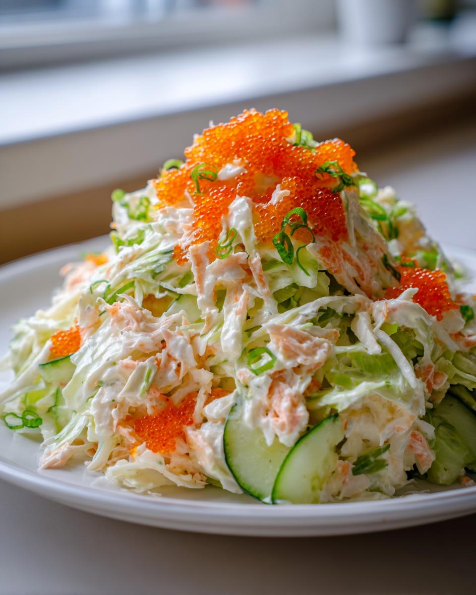 A mound of creamy Japanese crab salad mixed with shredded vegetables and topped generously with bright orange tobiko fish roe.